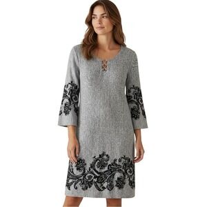 TACERA Shift Gray Dress with Embroidered Black Floral Accents Size Medium